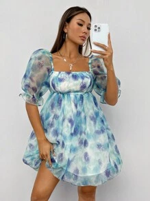 SHEIN PETITE 女款時尚泡泡袖夏季度假洋裝，適合嬌小女性 - 淺藍色 - 查看 4