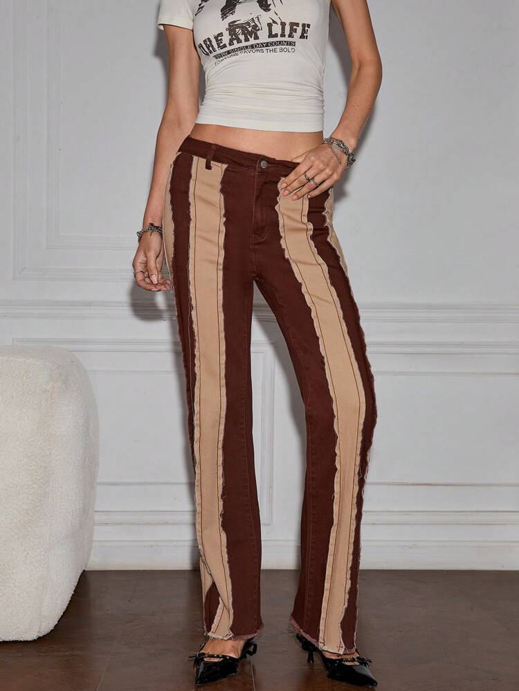 Women's Fashionable And Elegant Denim Pants With Contrast Color Pockets And Fringed Hem