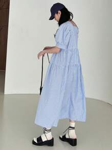 DAZY 女士條紋蓬蓬袖拼接公主風格洋裝 - 藍色 - 查看 2