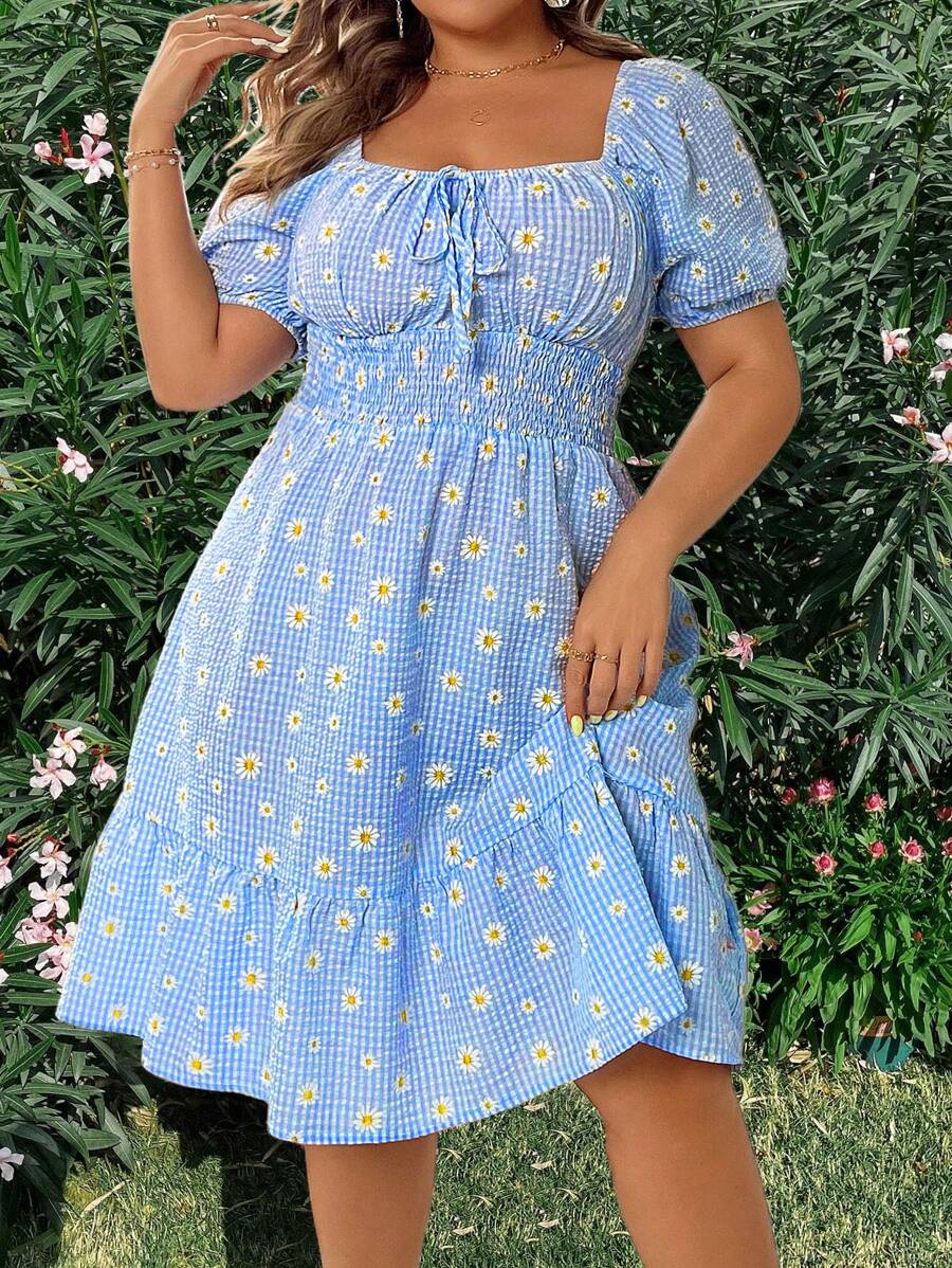 Franclia 大碼女性優雅的雛菊和方格印花方領短泡袖夏日假日連衣裙 - 藍色 - 查看 1