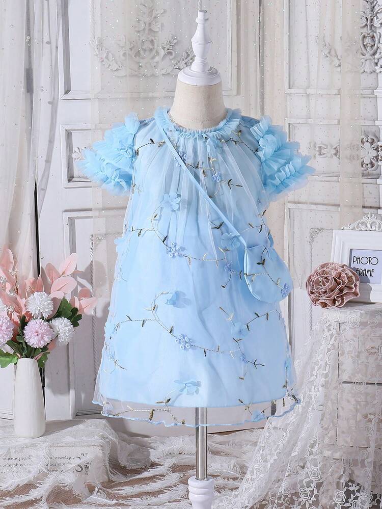 Young Girl Summer Plant Embroidery Mesh Short Sleeve Straight Cute Dress