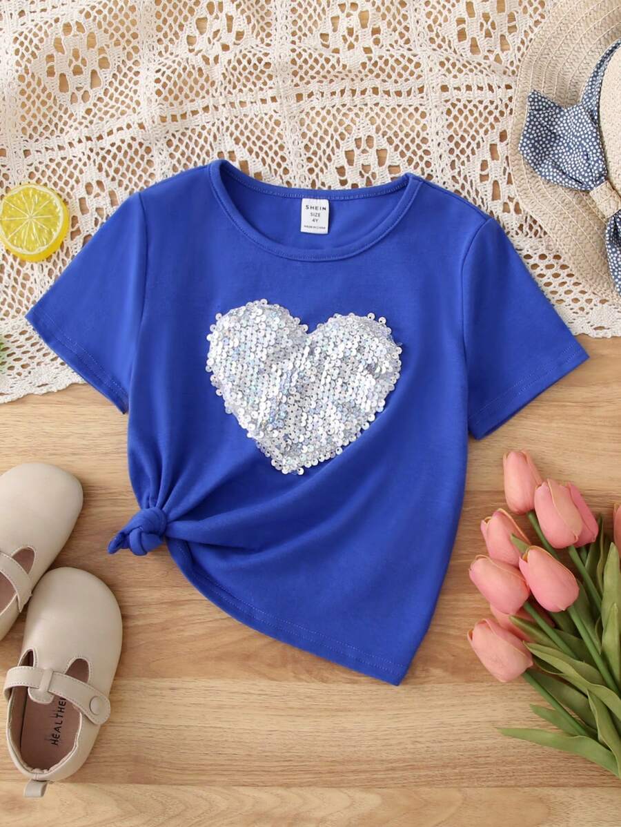 SHEIN Young Girl Knitted Solid Color Heart Sequin Front Short Sleeve T-Shirt