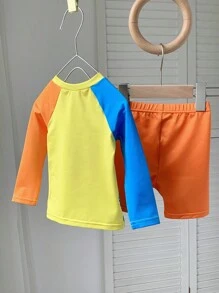 SHEIN Baby Boy And Girl Cute Long Sleeve Rash Guard Swimwear And Swim Shorts With Shark Print And Patchwork,Kids - Multicolor - View 3