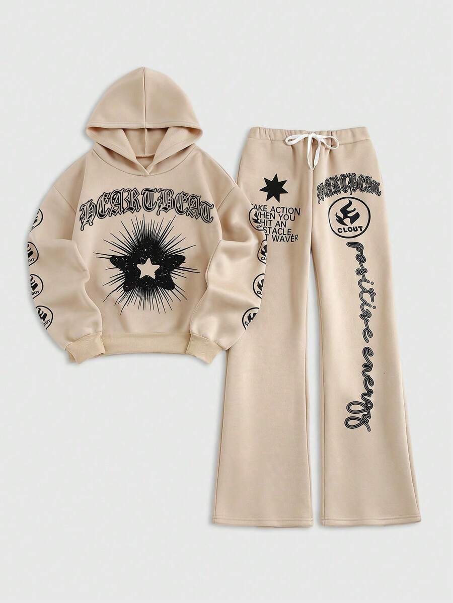 StreetHx Bộ áo hoodie nỉ in hình ngôi sao và chữ và quần ống loe - Màu be - Xem 1