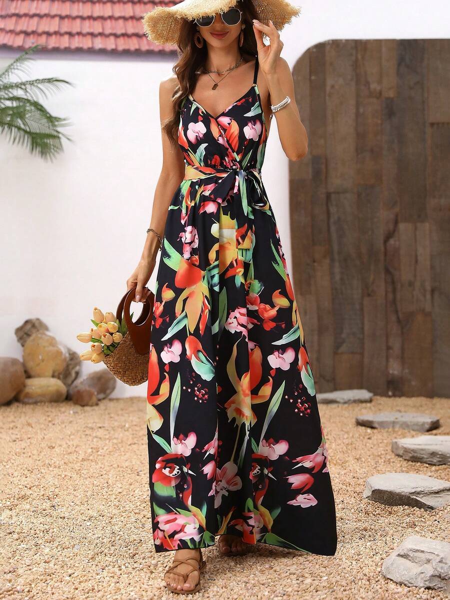 SHEIN VCAY Women's Summer Holiday Floral Printed Strappy Dress - Multicolor - View 1