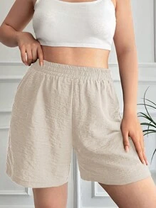 RueChic Plus Solid Elastic Waist Shorts - Beige - View 2