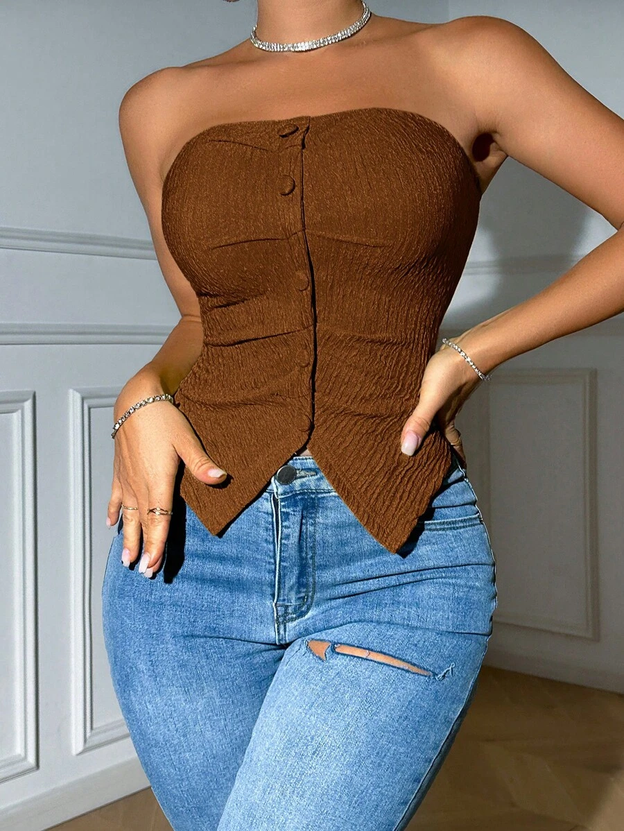 VaVaBold Top sin tirantes de ajuste delgado con botones delanteros y textura de unicolor para mujeres, moderno y adecuado para el verano - Marrón - Ver 1