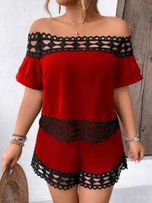 SHEIN Clasi Plus Size Off Shoulder Casual Short Sleeve Top And Shorts Set For Spring And Summer - Red - View 6
