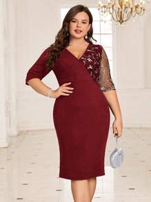SHEIN Clasi Plus Size Elegant Party Slim Fit Sequin Dress, Fall Women Teacher Outfit - Burgundy - View 6