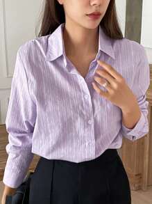 DAZY 女士纯色纹理领长袖休闲商务衬衫夏季 - 紫色 - 查看 6