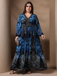 Imprimare aleatorie pentru femei de dimensiuni plus mari, stil arab simplu de zi cu zi - Albastru - Vizualizare 7