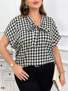 SHEIN Clasi 大码夏季黑白千鸟格 V 领衬衫配蝴蝶结工作女士衬衫乡村音乐会 - 黑與白 - 查看 5