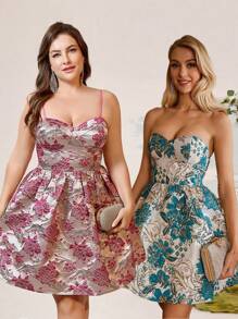 SHEIN Belle Robe Cami A-line D'été De Grande Taille En Tissu Jacquard Élégant Avec Bonnet De Soutien-gorge Intégré Pour Cocktail Party