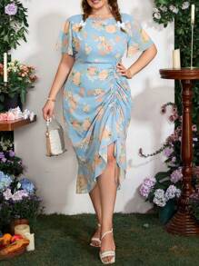 SHEIN Clasi Plus Size Elegant Floral Printed Drawstring Summer Dress - Multicolor - View 7
