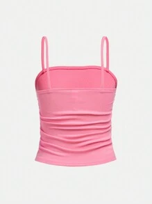 SHEIN Teen Girl Knitted Ribbed Ruched Casual Camisole Top - Watermelon Pink - View 2