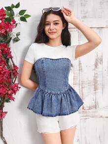 SHEIN Teen Girl Ruffled Hem Blue Denim Strapless Elastic Fashionable Casual Top - Blue - View 1