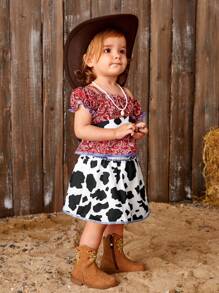 SHEIN 3pcs/Set Toddler Girls' New Fun Spring/Summer Outfit, Including Fun Printed Western Style Cowgirl Denim Shirt, Milk Print T-Shirt And Casual Jeans