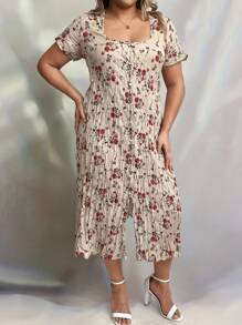 SHEIN LUNE Summer Plus Size Women Fashionable Ditsy Floral Short Sleeve Dress