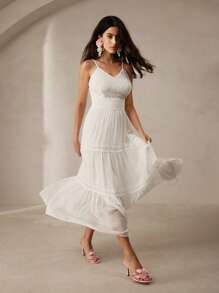 Anewsta Váy không tay mùa hè có viền xếp nếp đơn giản màu trơn đơn giản dành cho nữ - trắng - Xem 1