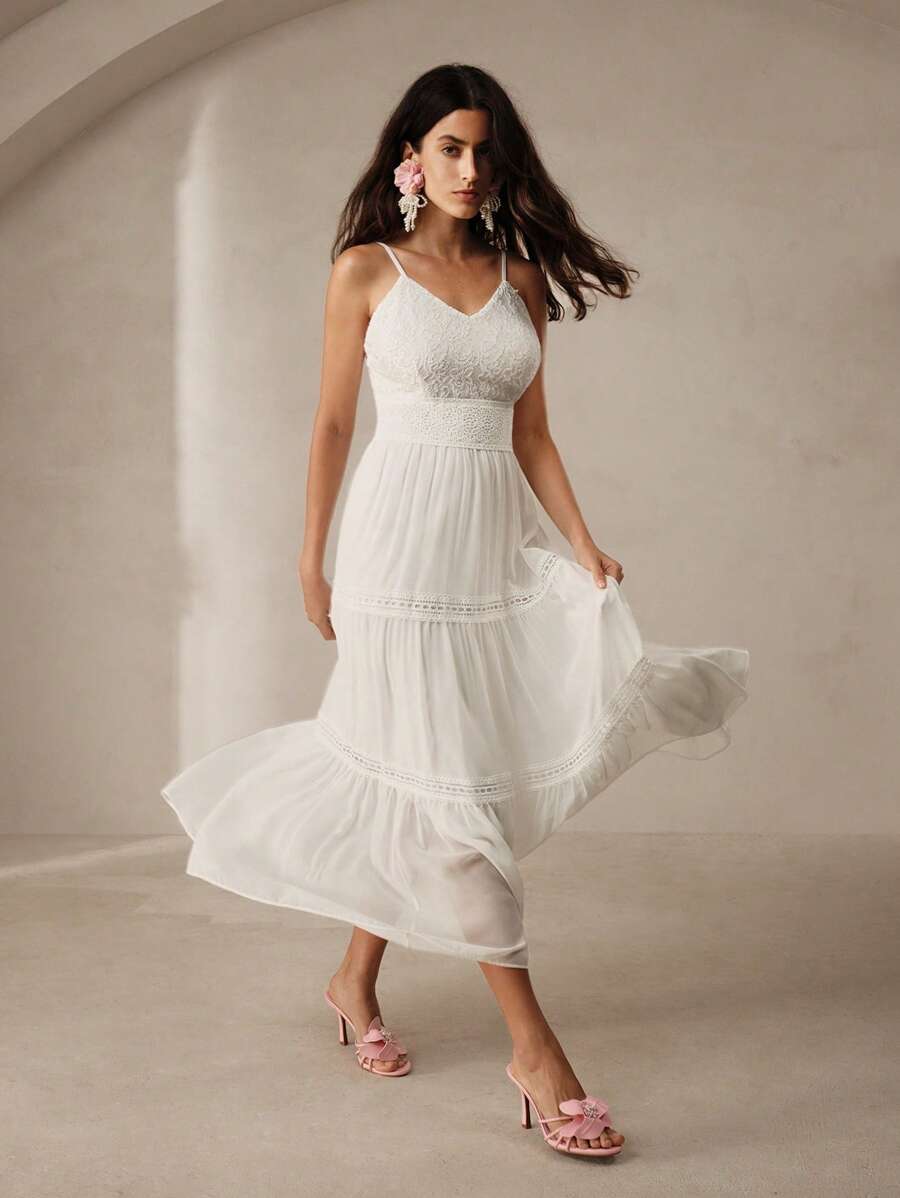 Anewsta Váy không tay mùa hè có viền xếp nếp đơn giản màu trơn đơn giản dành cho nữ - trắng - Xem 1