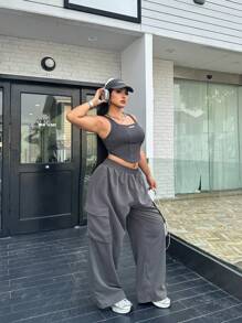 Flirla Plus Size Women Letter Printed Tank Top And Utility Pants Two-Piece Set For Summer Leisure - Grey - View 4