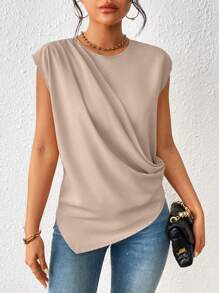 Calvaya Damesshirt met ronde hals, effen kleur en asymmetrische zoom