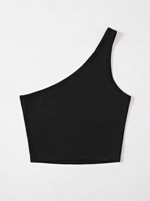 Franclia Ladies' Solid Color Simplistic Slim Fit One Shoulder Top For Summer - Black - View 2