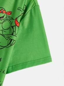 TEENAGE MUTANT NINJA TURTLES X SHEIN Conjunto de 2 peças de camiseta casual de manga curta com estampa de desenho animado e shorts de cintura com cordão para menino pré-adolescente, verão