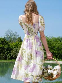 女士花卉印花方领泡泡袖连衣裙 - 紫色 - 查看 2