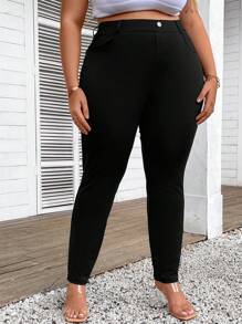 SHEIN CURVE+ Plus Size Solid Color Slimming Bodybuilding Pencil Pants With Pockets