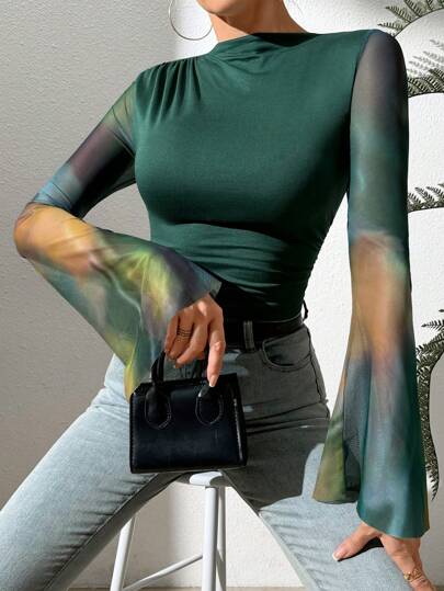 Almamuse Women's Slim-Fit Pleated Flared Sleeve Bodysuit For Casual Wear Fall Cloth For Women