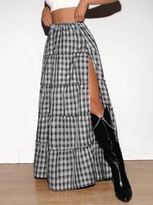 SHEIN Unity 女士格子印花荷叶边高开衩长裙 - 彩色 - 查看 5