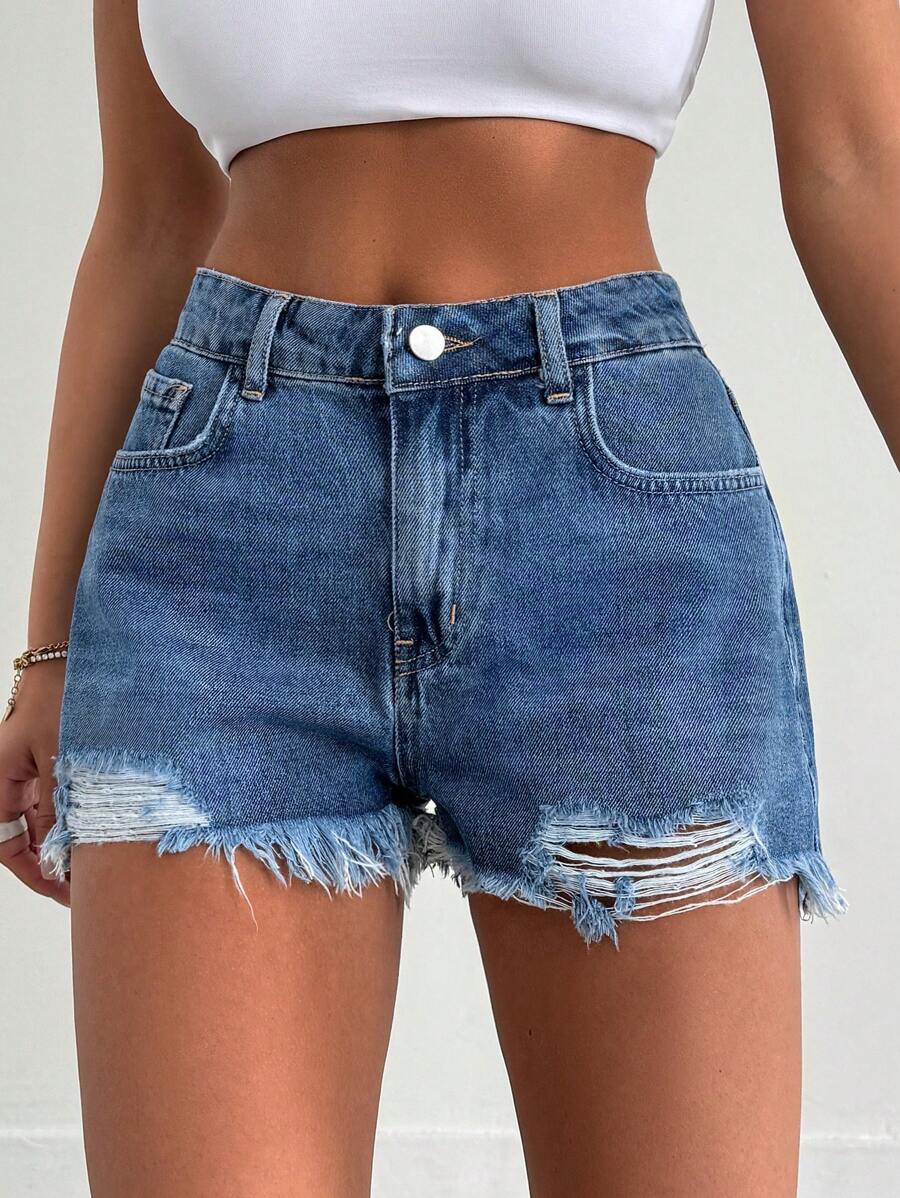RueChic Summer Casual High Waisted Denim Shorts With Frayed Edge And Pockets - Light Wash - View 1