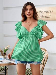 SHEIN Maternity Young Sporty Casual Chic Deep V-Neck Grid Pattern Longline Top - Green - View 3