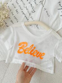 Young Girls' Sporty And Cool Knitted Mesh Short-Sleeve Top With Matching Suspender Shorts Set