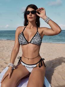 SHEIN Swim Summer Women's Multilayer Ruffled Halter Neck Two-Piece Bikini With Sexy Print, Perfect For Beach Vacation - Multicolor - View 5