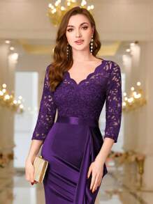 MIUSOL V Neck Contrast Lace Ruffle Satin Evening Party Maxi Formal Dress Elegant Prom Wedding Guest Gown, For Graduation, Dinner