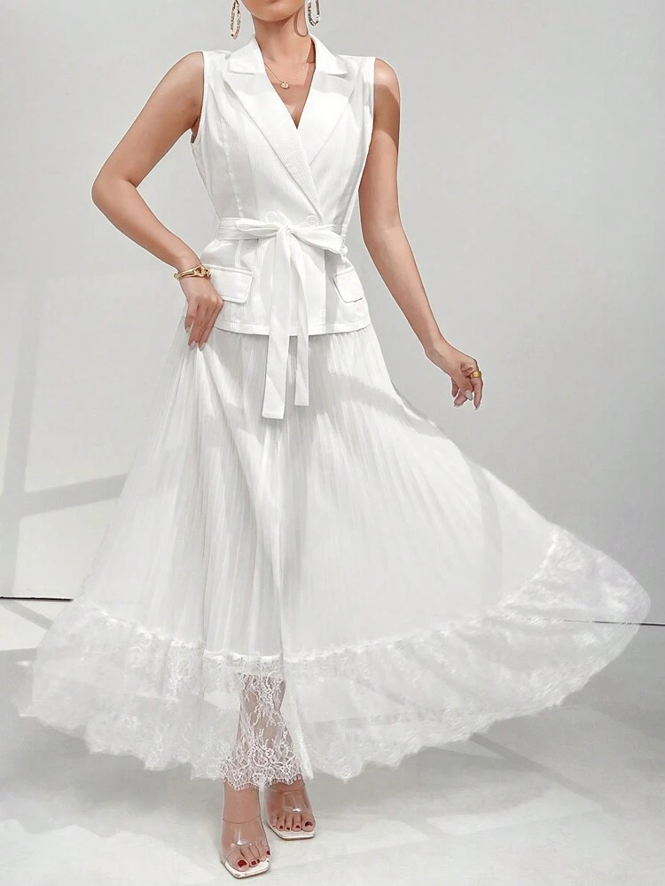 Women's Sleeveless Summer Blazer And Knee-Length Skirt Set