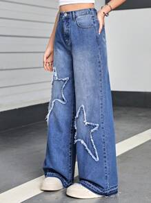 SHEIN Teen Girl Y2K Loose Fit Jeans With Star Star Patchwork - Medium Wash - View 1