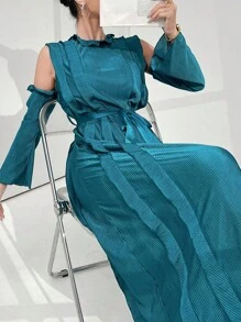 Modelyn Vestido largo para uso diario con hombros descubiertos, encaje y cinturón para mujeres, vestidos de noche - Verde - Ver 8