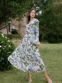 MOTF PREMIUM Vestido Con Diseño Completo De Estampado Con Cuello Notch, Manga Acampanada Con Volantes Y Detalles - Azul - Ver 12