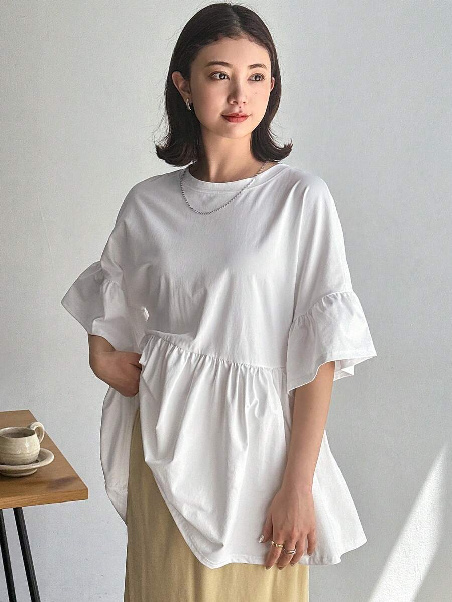 FRIFUL Women's Fashionable Loose-Fit Solid Color A-Line Short Sleeve T-Shirt For Daily Wear,Ruffle - White - View 1