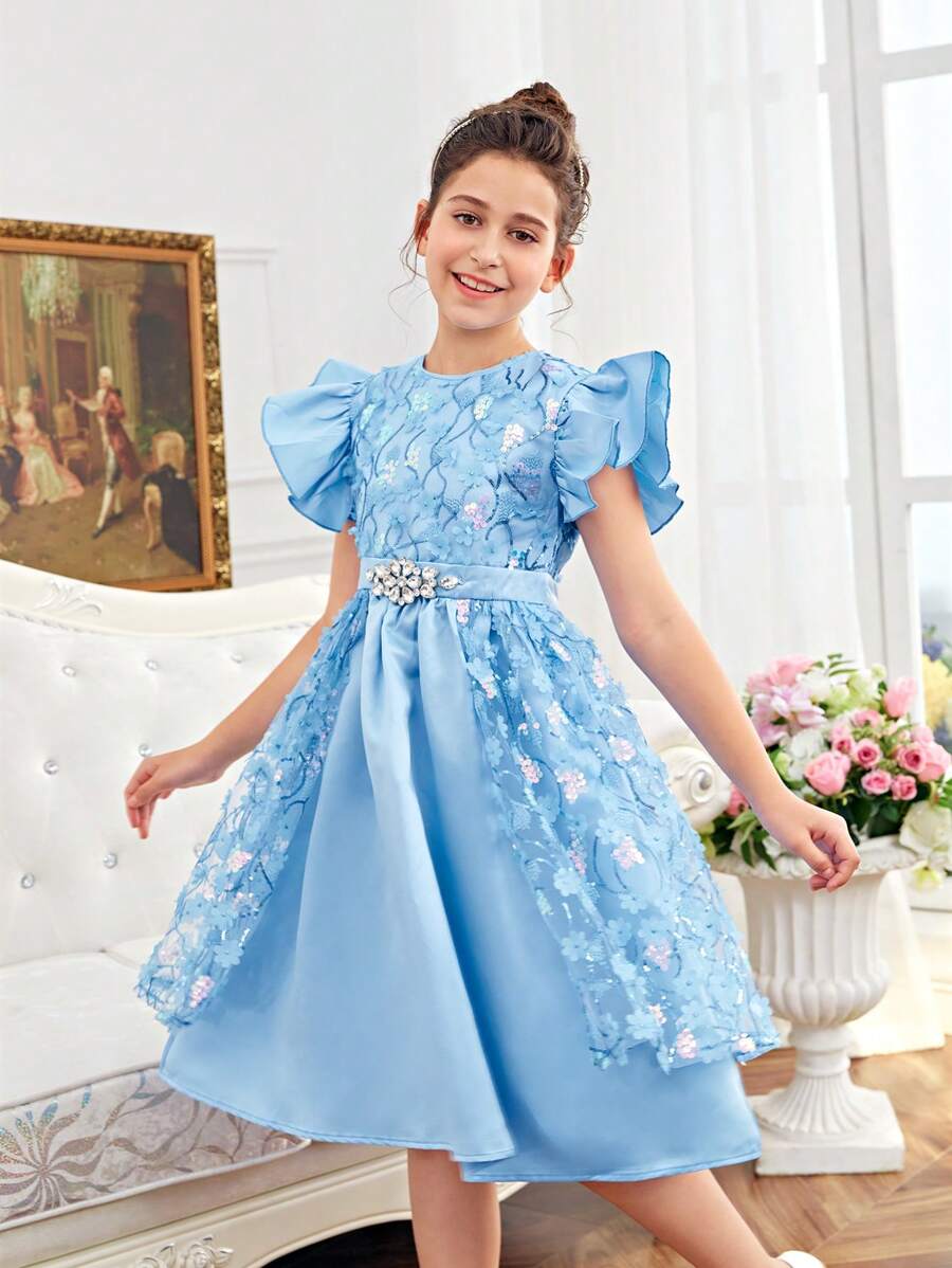 SHEIN Tween 女童复古宫廷风格圆领盖袖连衣裙,带贴花,中长款 - 藍色 - 查看 1
