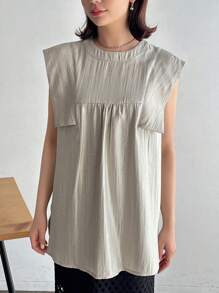 FRIFUL Áo sơ mi nữ không tay cổ tròn màu trơn, mùa hè - Màu be - Xem 5