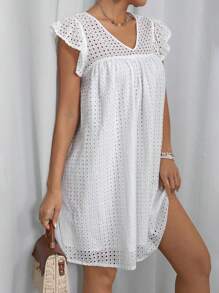 Breezaya Cut-Out   Cap Sleeve A-Line Dress With Flounce Hem And Sleeves - White - View 5