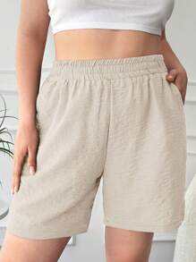 RueChic Plus Solid Elastic Waist Shorts - Beige - View 1