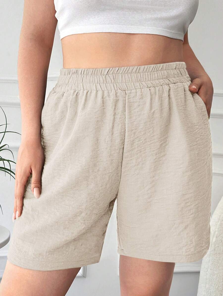 RueChic Plus Solid Elastic Waist Shorts - Beige - View 1