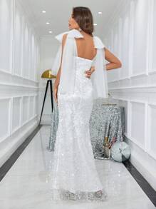 SHEIN Belle Glittering Embroidery Tulle Mermaid Dress - White - View 2