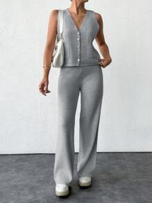 EURMUSE Women's Solid Color Simple Knitted Vest And Long Pants Set For Daily Wear - Light Grey - View 3