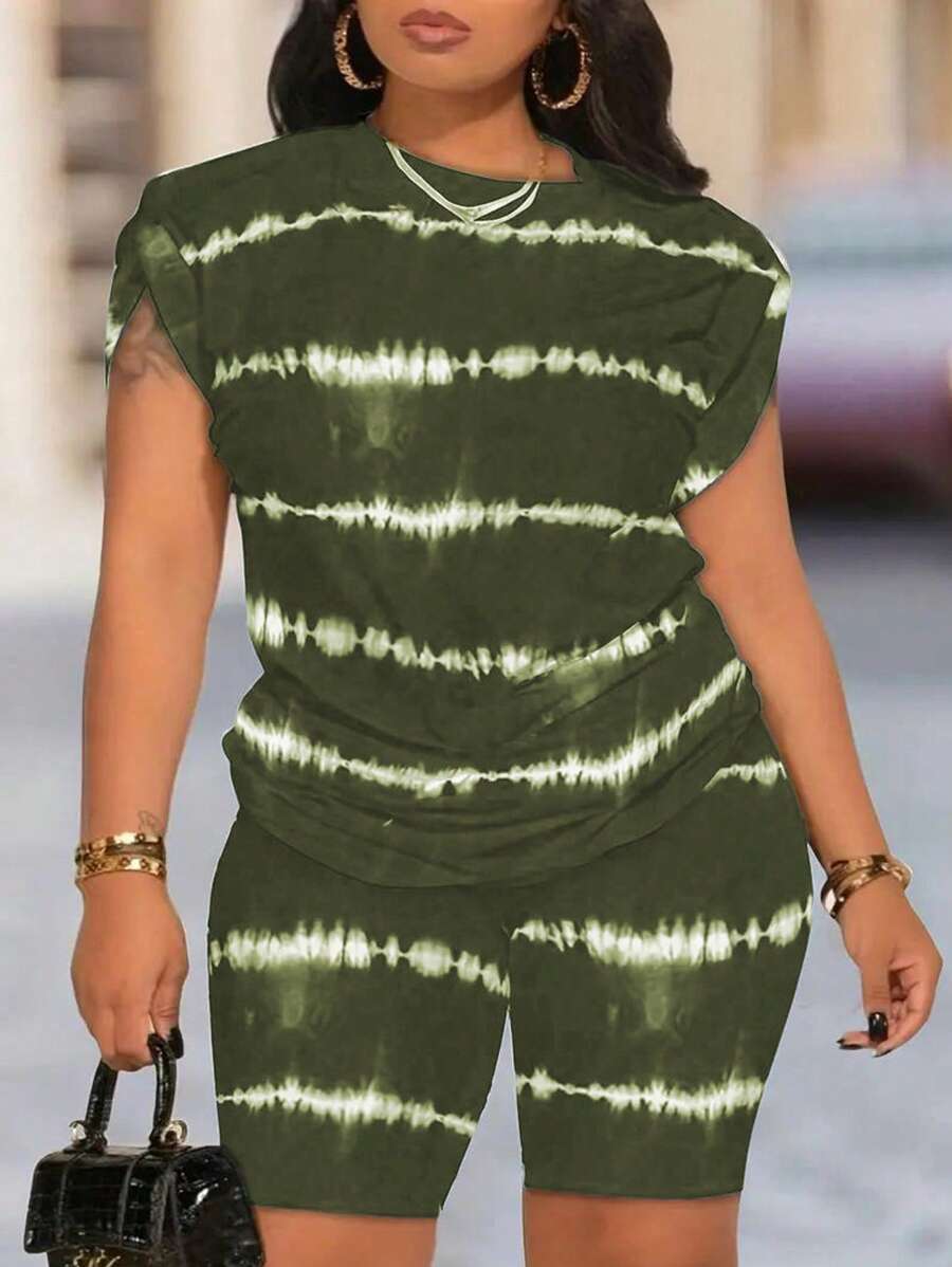 Maweii Plus Size Tie-Dye Top And Shorts Casual Two-Piece Set - Army Green - View 1